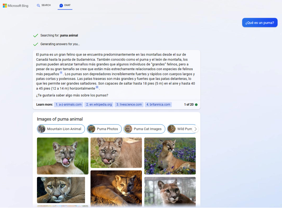 Picture 2 - Bing Chat Output for ¿Qué es un puma? - Text in Spanish describing a puma, with source links under "Learn more. Then "images of puma animal" with 6 images of pumas