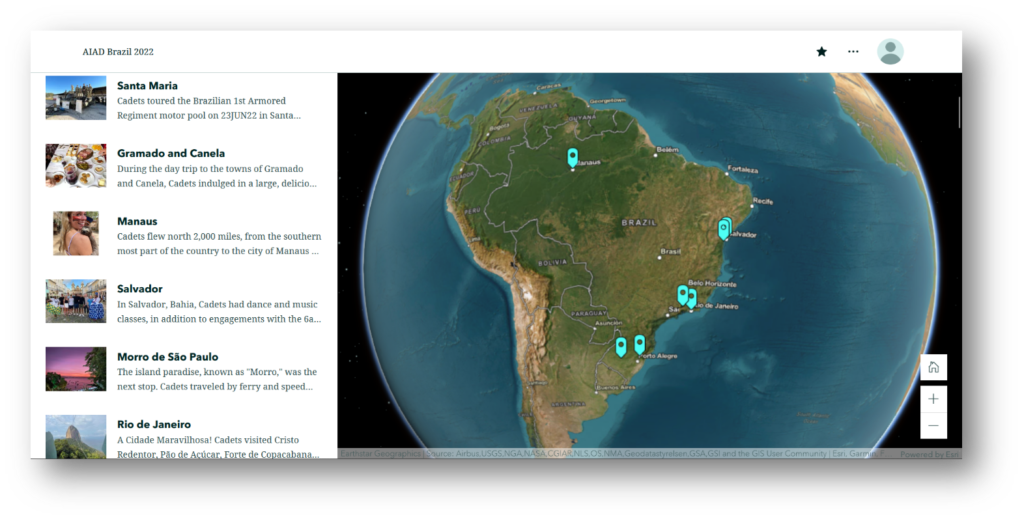 The “Explorer Map Tour” quick start feature makes it easy to link photos and text to geographic locations and enhance student experiences abroad. - a map of the globe with markers on it and stories with photos on the left side of the page