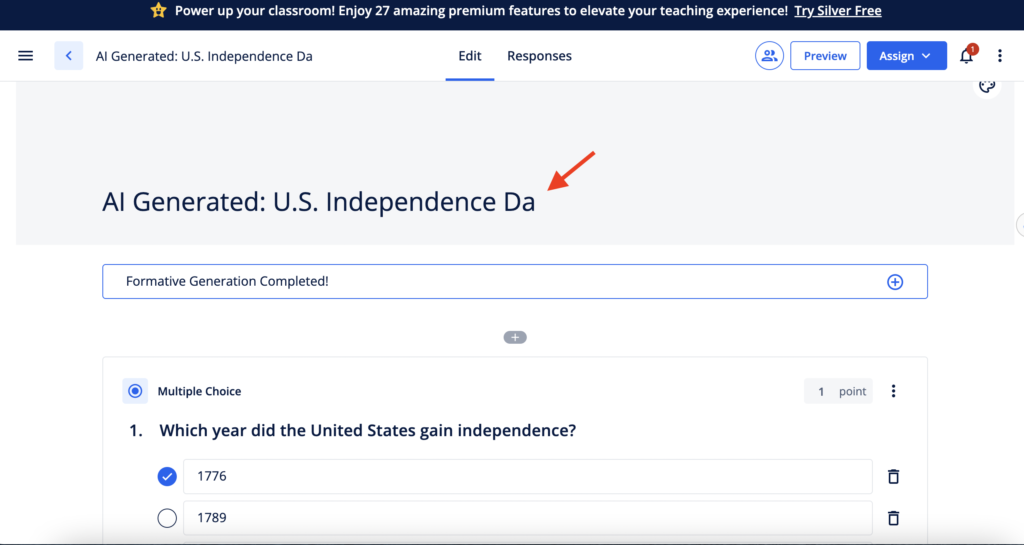 Picture 5 – A sample AI Generated Formative title - has title at the top with a mistake (US Independence Da)
