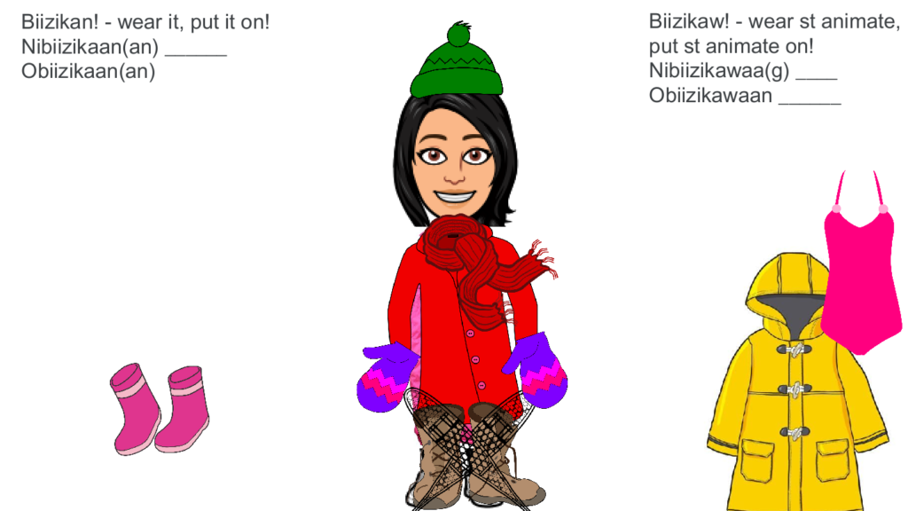 Picture 2 - Jamboard frame with a cartoon character and winter/summer clothing. Ojibwe text for dressing