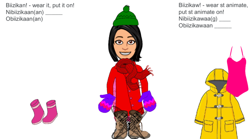Picture 2 - Jamboard frame with a cartoon character and winter/summer clothing. Ojibwe text for dressing