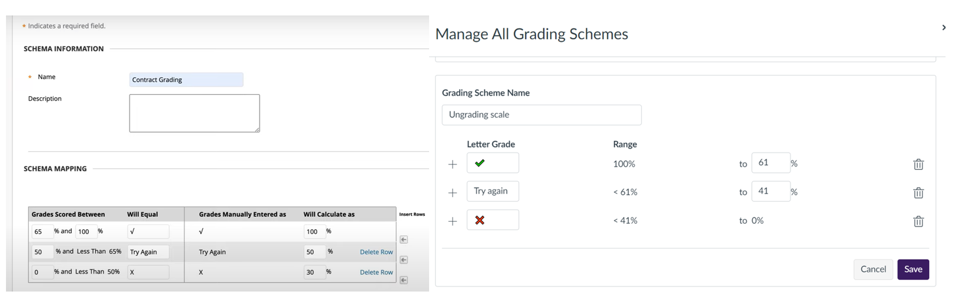 Picture 4 - Creating visual markers in Blackboard (left) and Canvas (right) - in Blackboard grades between 65 and 100 will equal a checkmark and scores between 50 and 65 equal "try again". Between 0 and 50 are X. In Canvas, 61-100 are checkmark, 41-61 are "try again" and 0-41 are X