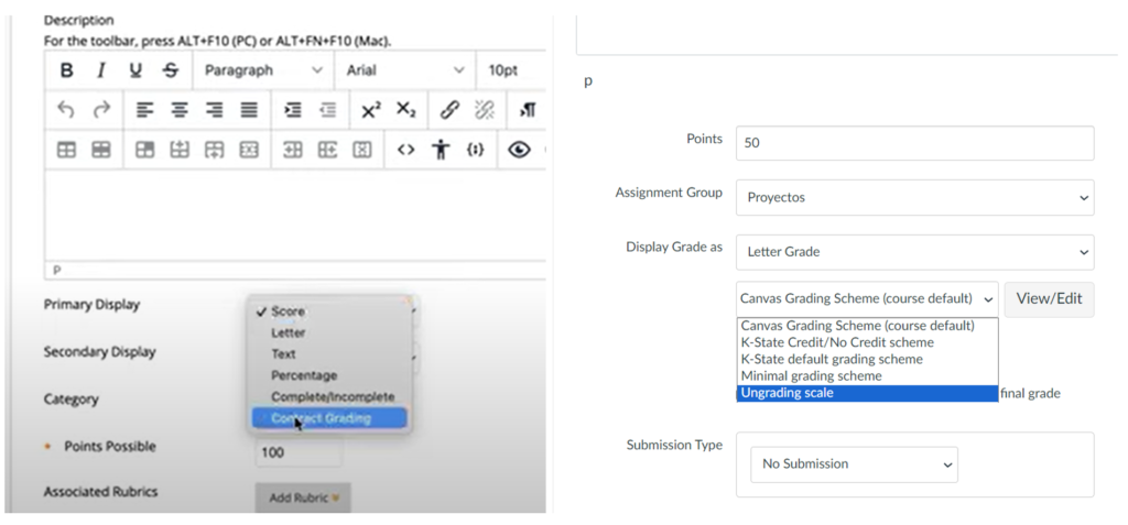 Picture 6 - Applying a grading schema to an assignment in Blackboard (left) and Canvas (right) - Blackboard - primary display - choose Contract grading; Canvas - under grading scheme choose ungrading scale