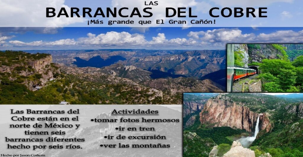 Picture 1 - Spanish Poster Presentation: La Geografía en México. Image of an electronic poster in Spanish, views of a mountainous canyon, waterfall, and train going into a tunnel; includes some Spanish text