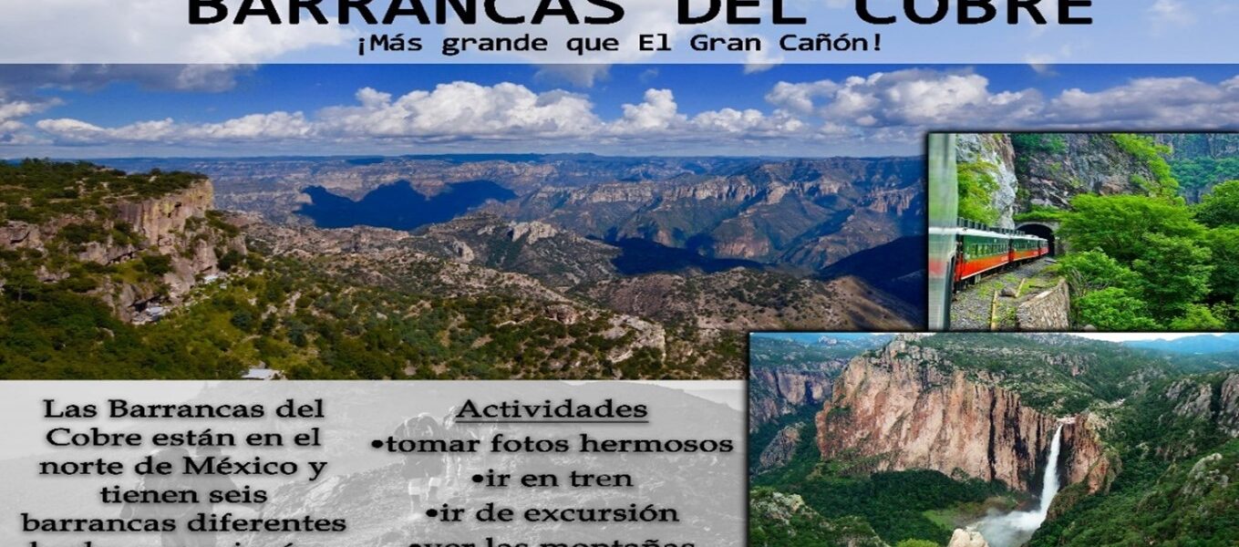 Picture 1 - Spanish Poster Presentation: La Geografía en México. Image of an electronic poster in Spanish, views of a mountainous canyon, waterfall, and train going into a tunnel; includes some Spanish text