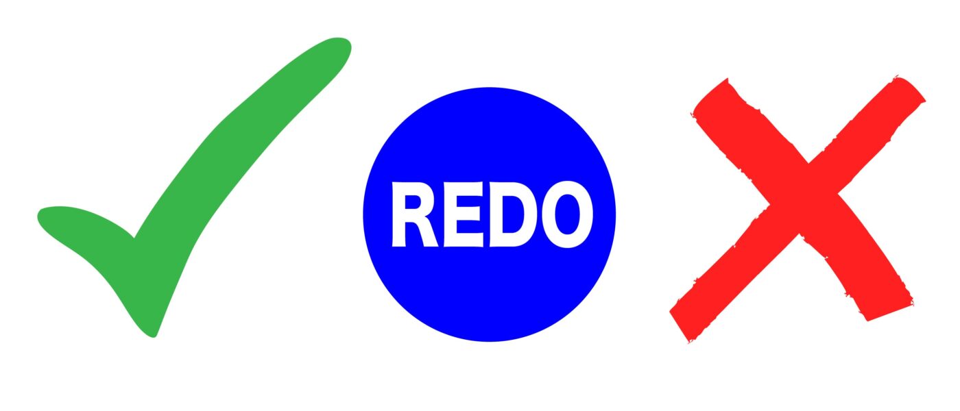 green checkmark, button with "Redo", red X