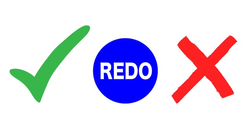 green checkmark, button with "Redo", red X