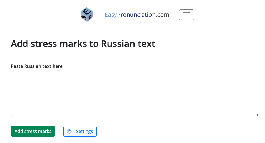 Add Stress marks to Russian Text - Easypronunciation.com - Paste Russian text here, and then a button for "Add stress marks"