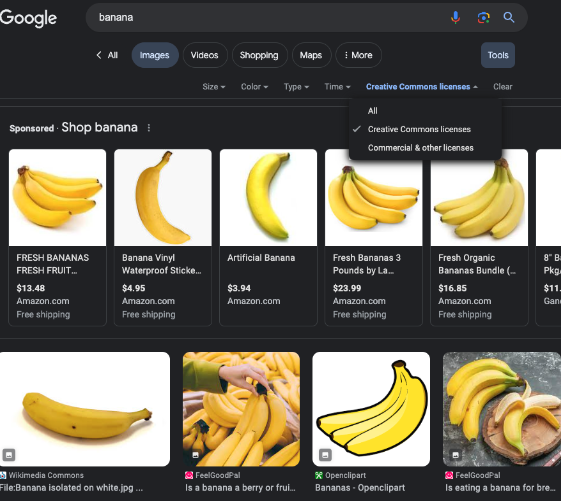 Google search of banana with results filtered by Creative Commons licenses