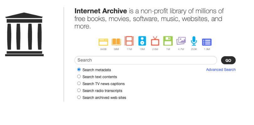 Internet Archive is a non-profit library of millions of free books, movies, software, music, websites, and more, and has a search interface
