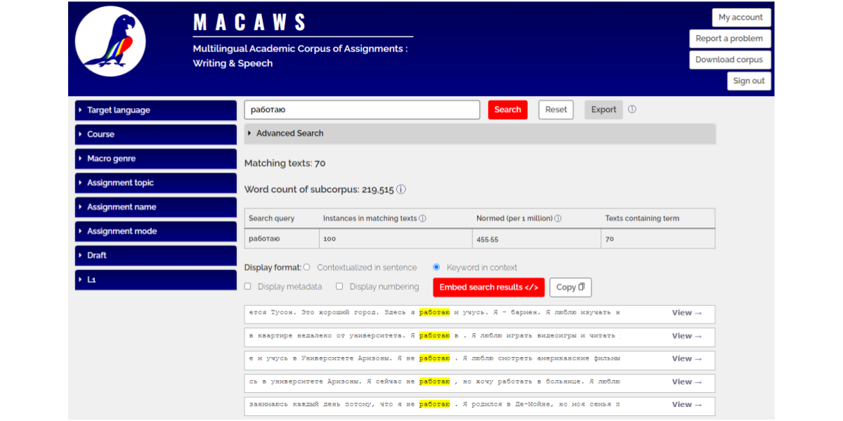 MACAWS website with results from the corpus found in Russian