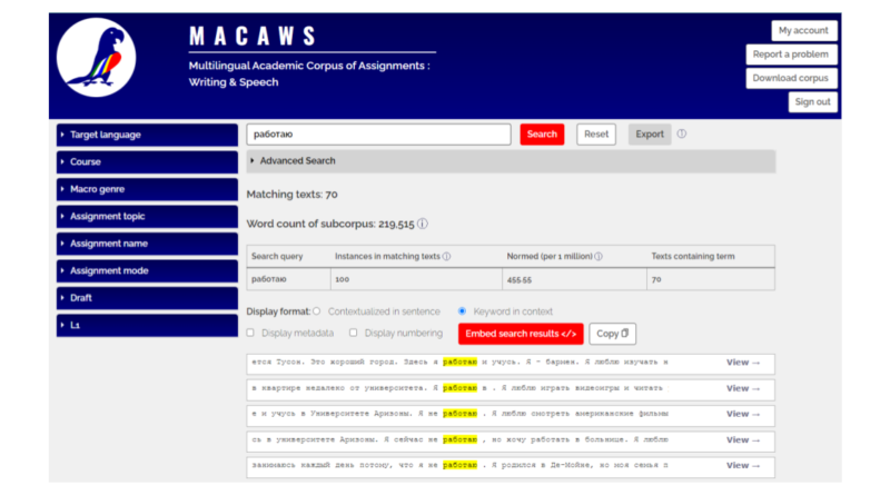 MACAWS website with results from the corpus found in Russian