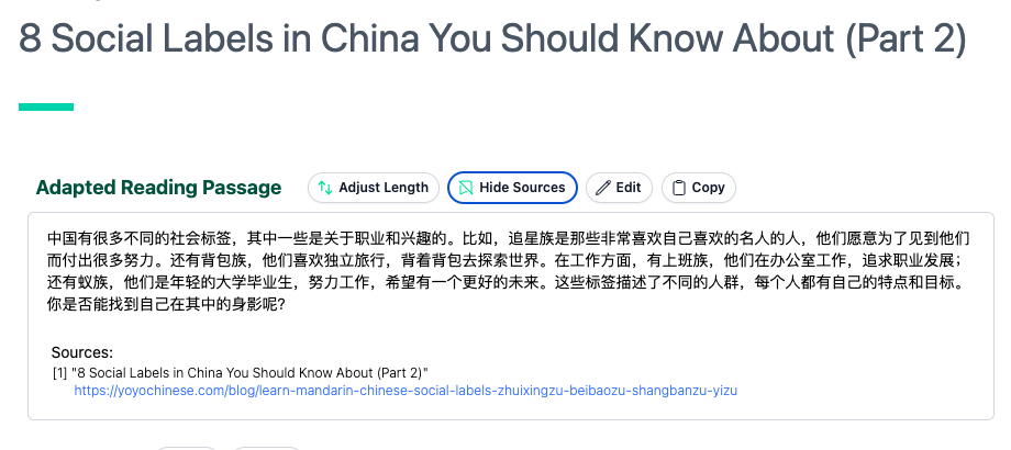 Picture 7 – A Sample Leveled Reading Text in Chinese by Diffit - 8 Social Labels in China you should know about (part 2) - box with adapted reading passage, with buttons: adjust length, hide sources, edit, copy