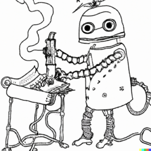 Picture 2 - One of the illustrations that DALL·E came up with for The Cyberiad - a black and white line drawing with a robot writing and smoke coming off the pen