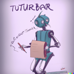 Picture 3 - One of the illustrations that DALL·E came up with for The Cyberiad - a robot writing with some nonsense words around him