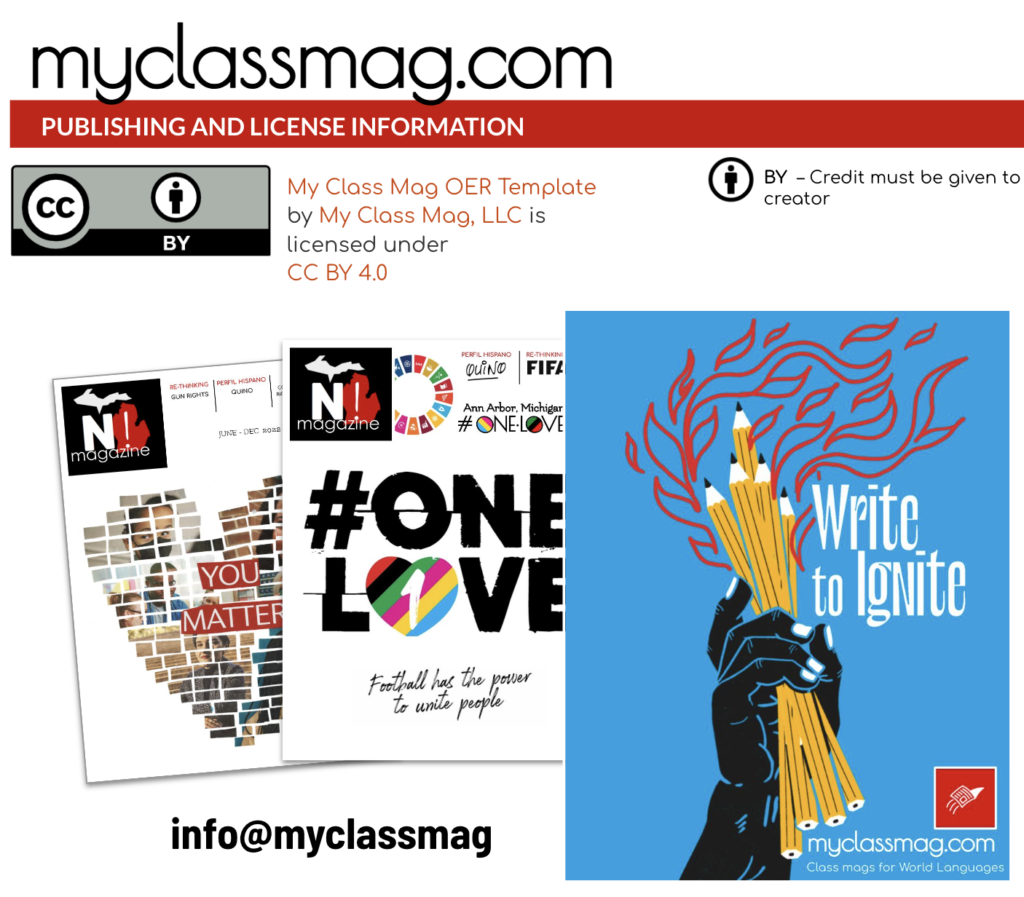 Picture 6 - My Class Mag publishes open magazines for language learners and facilitates professional development opportunities for language teachers interested in publishing their own projects. - has a screenshot of myclassmag.com - publishing and license information - my class mag OER template by my class mag, LLC is licensed under CC BY 4.0 - BY - Credit must be given to creator, then has pictures of several issues, and info@myclassmag