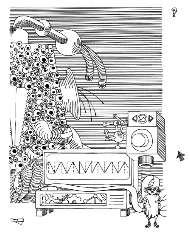 Picture 1 - Google’s doodle in honor of Stanisław Lem - click the link below to go to the interactive version of the doodle that leads you to several puzzles based on the illustrations from the book - a black and white line drawing of a robot standing next to a big machine that has some strange writing on it