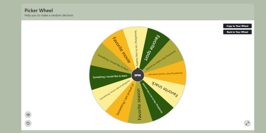 Picture 1 - An example of gamified activity: random question  - a picker wheel with different prompts like "Favorite movie, Favorite sport"