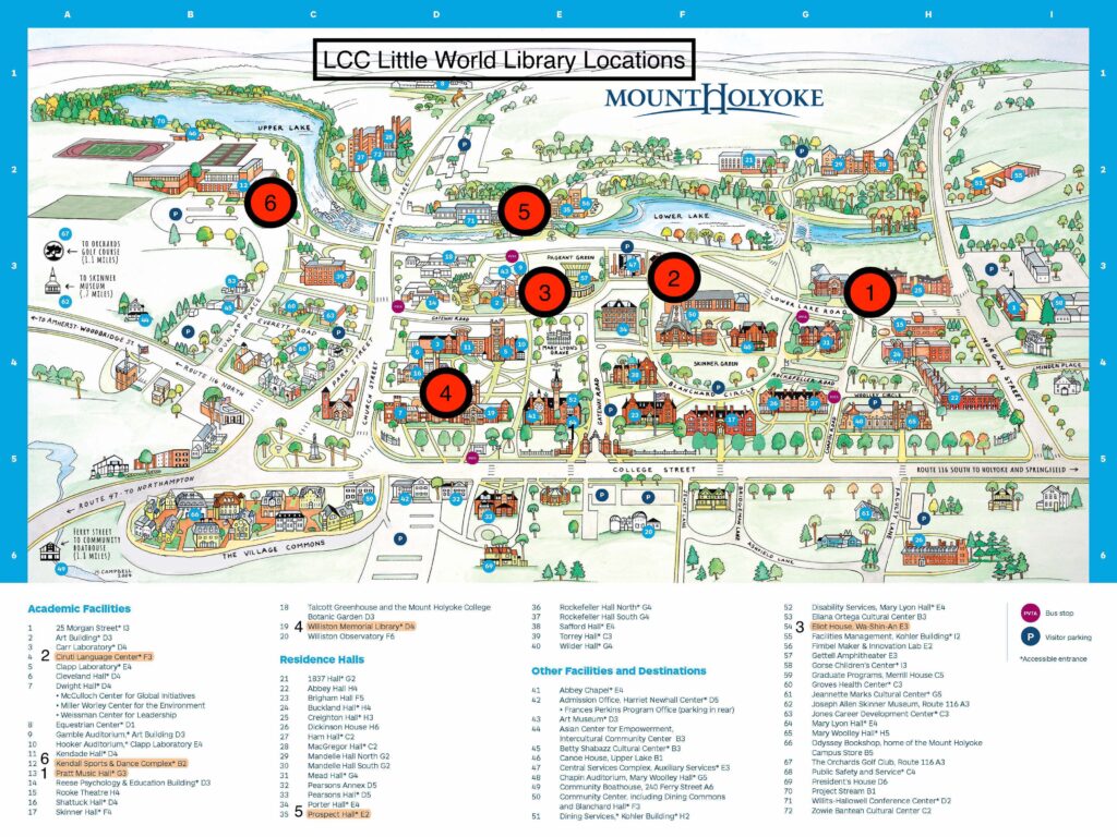 Picture 10 - Map of Little World Libraries on the Mount Holyoke Campus - 6 red dots where the little free libraries are located, scattered across the campus