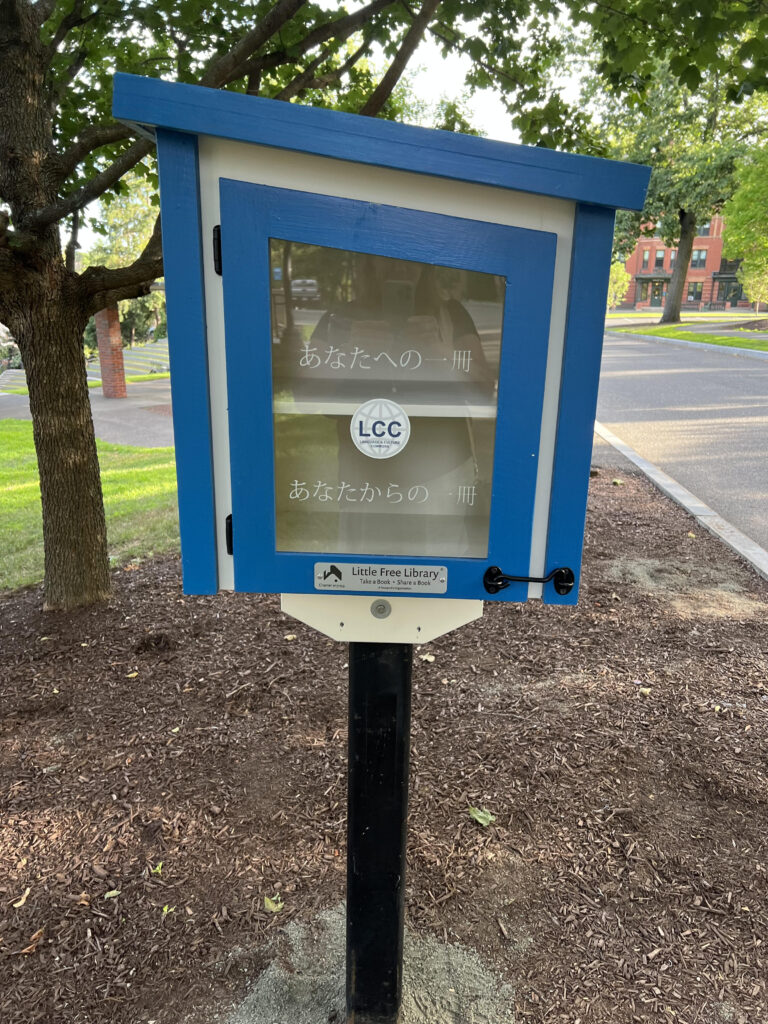 Picture 7 - One of the first boxes installed: Japanese - blue little free library outside near a street with Japanese writing on it
