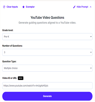 Picture 3 – YouTube Video Questions tool - asks for grade level, number of questions, question type, video ID or URL, and with "generate" button