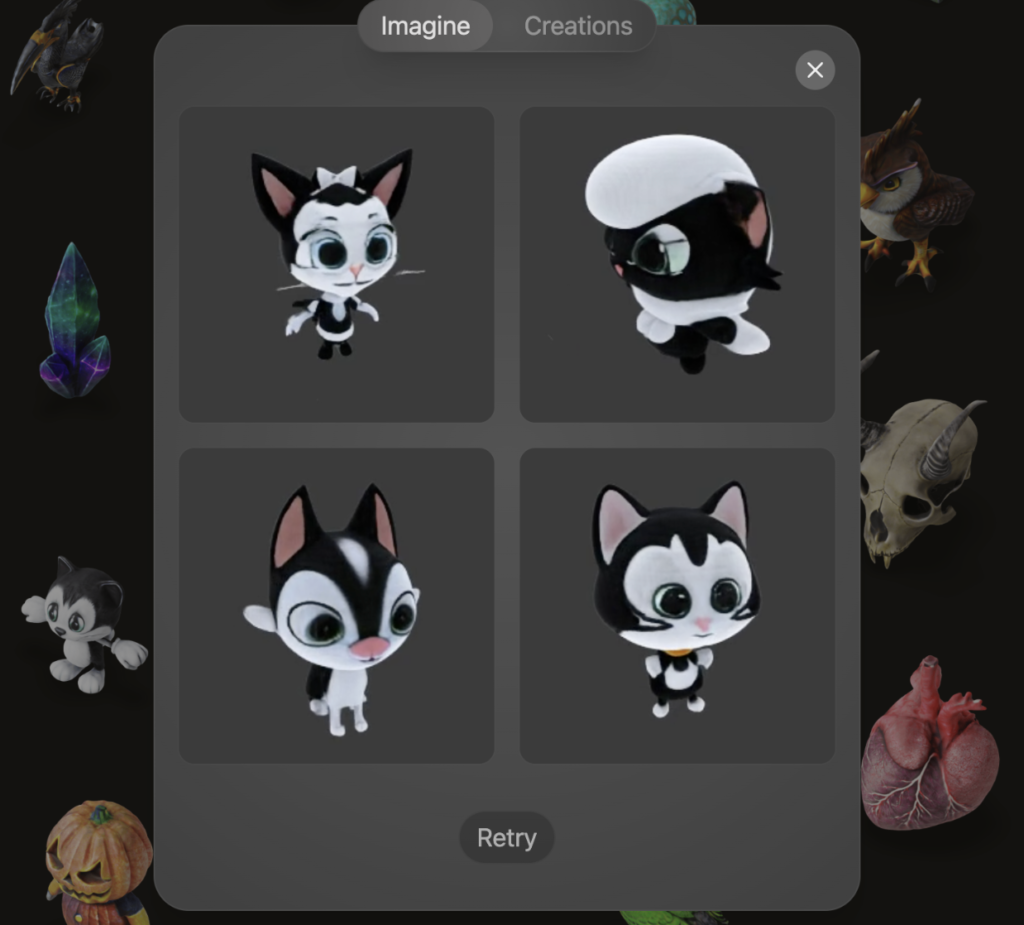 Picture 5 — Example of four variations of a generated model and the “retry” button — A picture of four variations of a generated model (of a cartoon cat) that you can choose from, with the “retry” button pictured at the bottom.