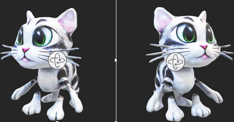 Picture 9 — A model in MS Word from two different angles (also showing the widget for rotating, repositioning, and resizing) — Two pictures of the same 3D model, with the rotation widget in the center (this widget can rotate, reposition, and resize the model). Both pictures show different angles of the same model (a cartoon cat).