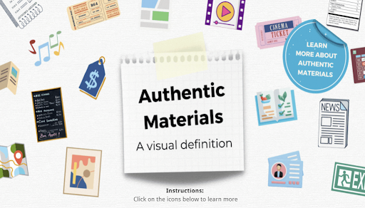 Picture 11 - Design of Panel 1; Panel 1 Design includes icons scattered across the page, the text “Authentic Materials: A Visual Definition” and a sticker to “Learn More about Authentic Materials” 