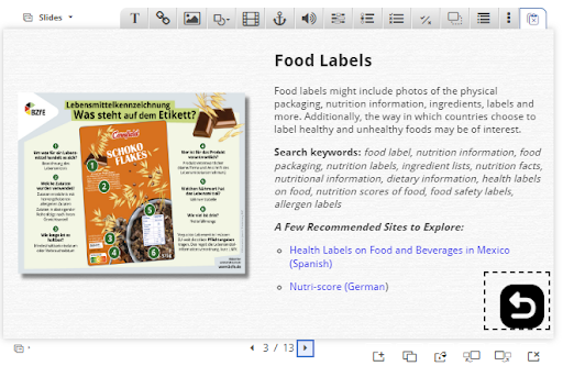 Picture 14 - A sample description slide for the “Food Labels” artifact; A slide with Food Label information alongside a German nutrition label