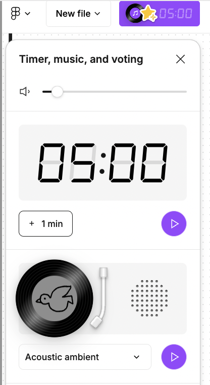 Picture 9 – Timer and music in FigJam. timer with 5 minutes, and choice of music