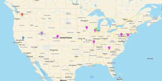 Picture 1 - Work locations of students in the Technology in the Classroom Course - pins all over the United States