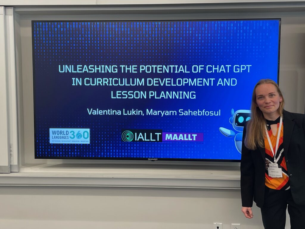 Picture 2 – Valentina Lukin, Russian Instructor at the Foreign Service Institute - screen behind her says "Unleashing the potential of ChatGPT in curriculum development and lesson planning"