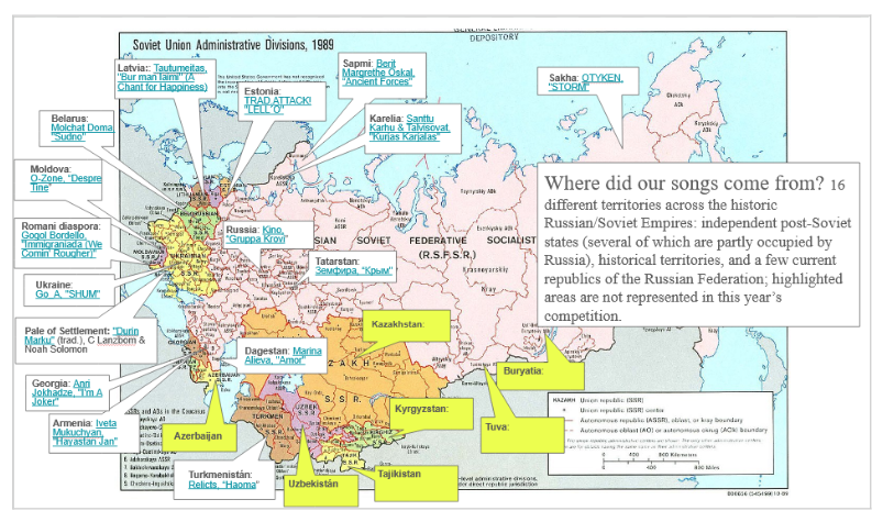 Picture 12 - Google Slides “hub”: places represented in 2025 bracket (with hyperlinks to student-chosen songs) - has a map with a lot of notes and links, with a note that says Where did our songs come from? 16 different territories across the historic Russian/Soviet Empires: independent post-Soviet states (several of which are partly occupied by Russia), historical territories, and a few current republics of the Russian federation; highlighted areas are not represented in this year's competition.