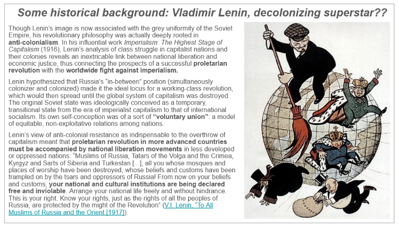 Picture 7 - A slide from the instructional slideshow - says Some historical background: Vladimir Lenin, decolonizing superstar? and a cartoon of Lenin on the right, sweeping away kings and capitalists. On the left is explanatory text in English