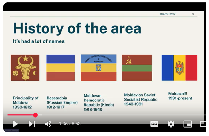Picture 3 - A student presentation on YouTube - History of the area, it's had a lot of names, has several flags, and then Principality of Moldova, Bessarabia (Russian Empire), Moldovan Democratic Republic (Kinda), Moldavian Soviet Socialist Republic, Moldava, 1991-present