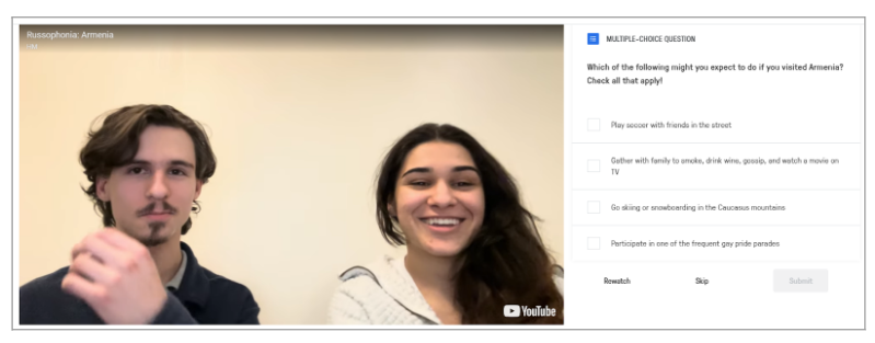 Picture 4 - EdPuzzles created from student presentation; several multiple-choice questions were embedded along the way; final open-ended question encouraged students to reflect on cultural details they noticed - has students on the left and then a question on the right