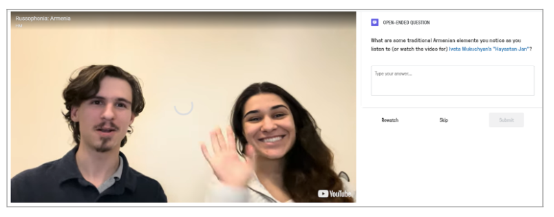 Picture 5 - EdPuzzles created from student presentation; several multiple-choice questions were embedded along the way; final open-ended question encouraged students to reflect on cultural details they noticed - has students on the left and then a question on the right