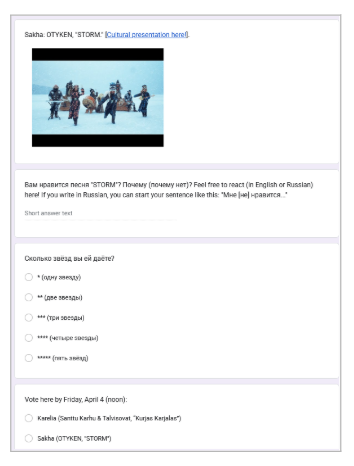 Picture 10 - Voting forms - has a link and picture at the top and a question asking students how many stars they give to the song, as well as a choice between two songs