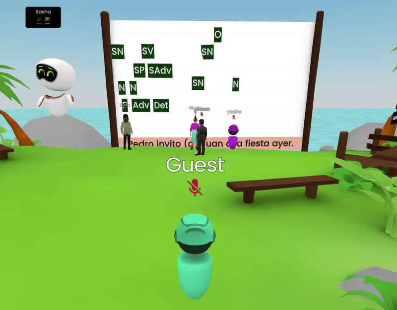 Picture 1 — Animated GIF of students in their avatar forms collaborating on the metativity (puzzle #6) in the “Island” environment in FrameVR. 