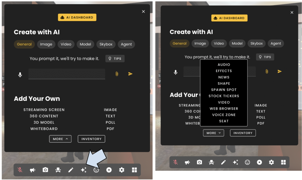 Picture 3 — Creations menu with blue arrow indicating the relevant icon (left), Creations menu expanded (right) — The Creations menu on the left with a blue arrow indicating the relevant icon (the icon with the three stars); The Creations menu expanded is pictured on the right.