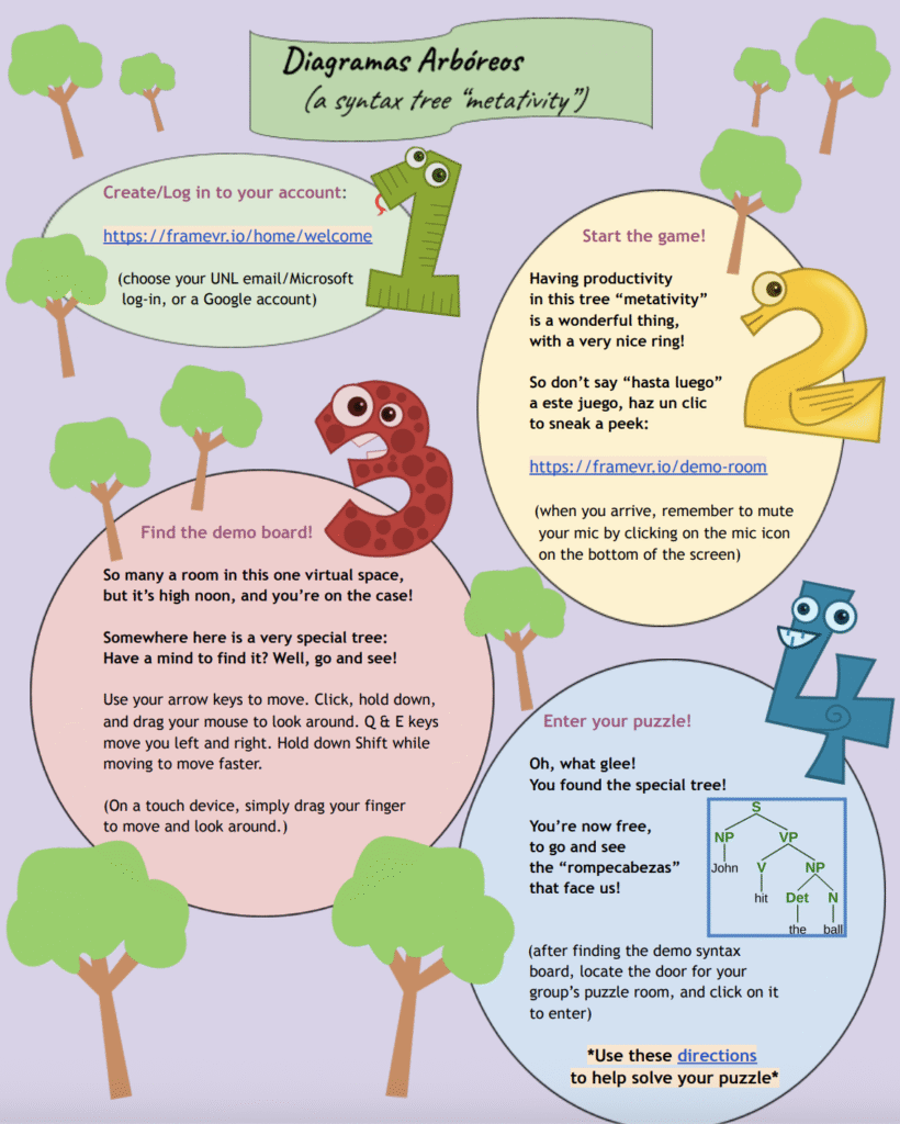Picture 6 — Introductory sheet - Has pictures of trees and then colorful numbers showing steps: 1. Create/log in to your account; 2. Start the game; 3. Find the demo board!; 4. Enter your puzzle! Some of the steps have fun poems introducing them.