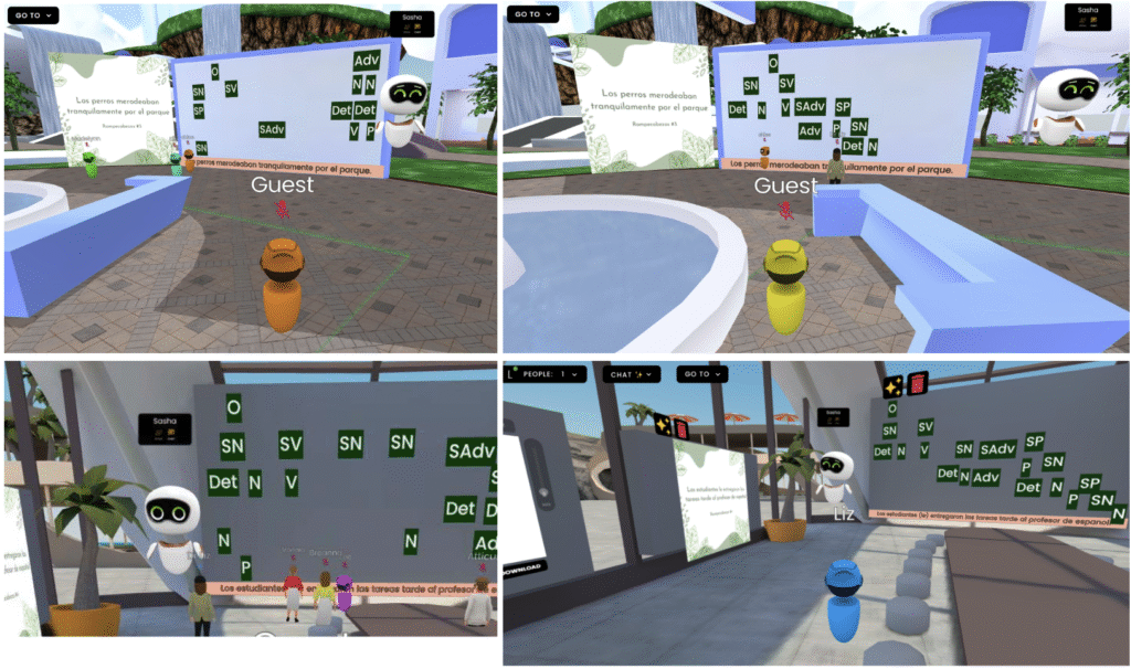 Picture 9 — An action shot from the “Aeropolis” puzzle room (for puzzle #3) in the top left corner, with the solved puzzle in the top right corner; An action shot from the “Resort” puzzle room (for puzzle #4) in the lower left corner, with the solved puzzle in the lower right corner.   