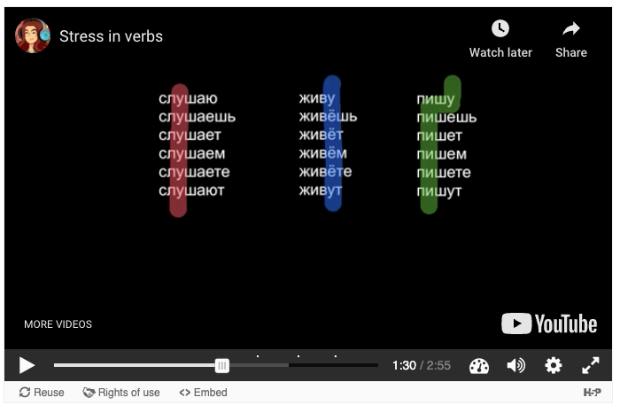 Picture 6 - An example of an activity where the linguistic feature in focus (stress patterns) is highlighted using colors/shading (remember that because some people cannot see colors, you should not rely only on colors to convey information)