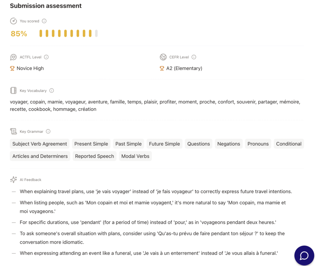 Picture 2 - Feedback the learner sees upon completing a conversation, which includes ACTFL level, CEFR level, key vocabulary, grammar, and feedback from the AI. This feedback is also available to the instructor.