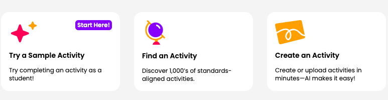 Picture 1 – Snorkl Dashboard - Try a sample activity, Find an activity, Create an activity