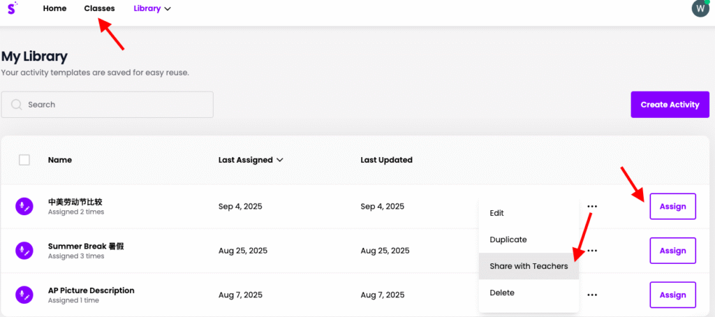 Picture 6 – My Library and My Activities in Snorkl - shows an activity's name, how many times it's assigned, when it was last assigned, when it was last updated, and has an assign button.