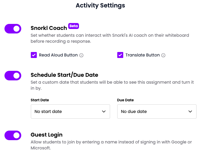 Picture 7 – Snorkl Activity Settings - Snorkl Coach, Schedule start/due date, guest login