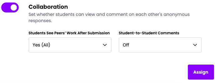 Picture 8 – Snorkl Activity Settings - Collaboration - students see peers' work after submission (yes, all), student to student comments (off/on)