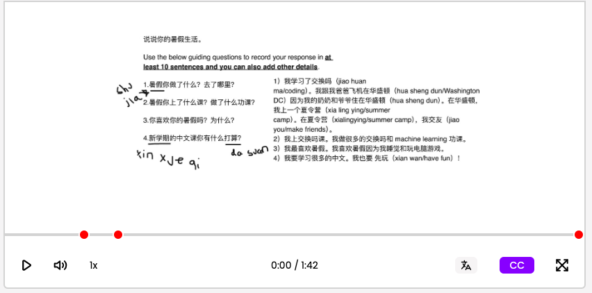 Picture 11 – Example of Student’s Submitted Whiteboard Recording - Use the below guiding questions to record your response in at least 10 sentences and you can also add other details, and then sentences in Chinese. You can see red dots on the video timeline.