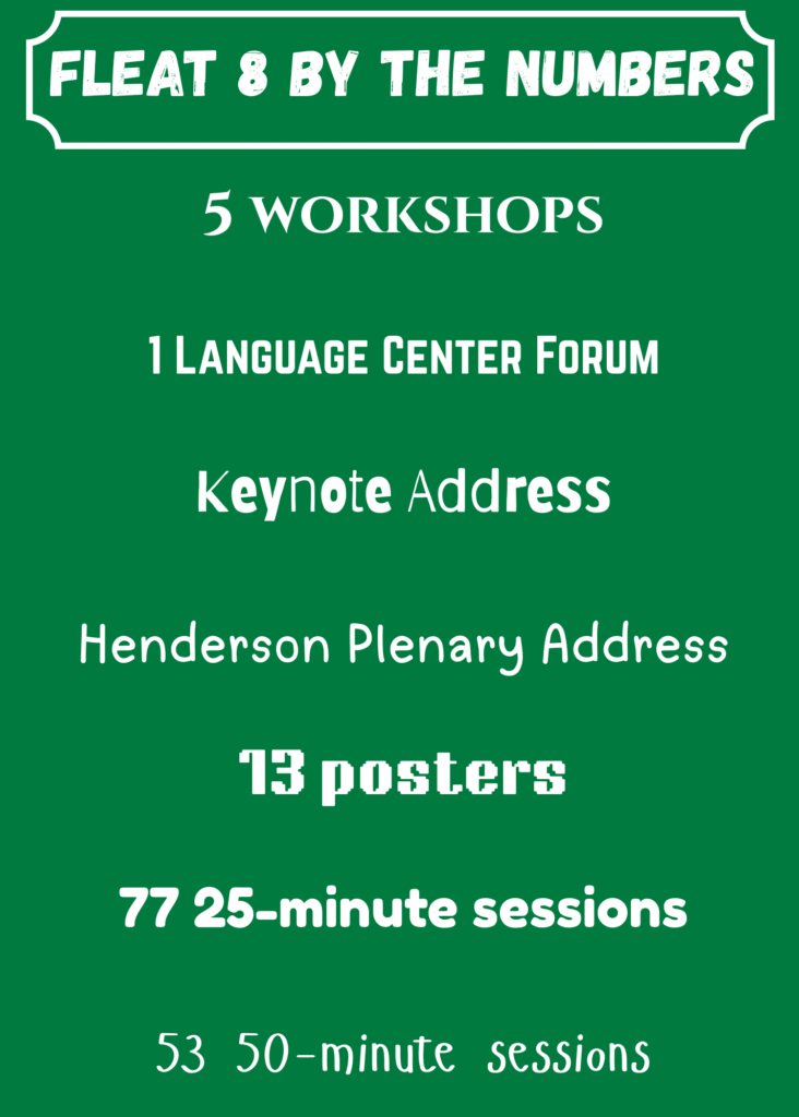 Picture 7 - FLEAT 8 by the numbers - 5 workshops, 1 language center forum, keynote address, Henderson plenary address, 13 posters, 77 25 minute sessions, 53 50 minute sessions